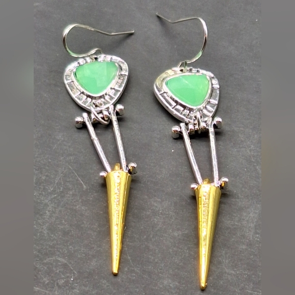 Boho Aventurine Dangle Earrings – Mixed Metal Tribal Spike Design - Picture 2 of 5